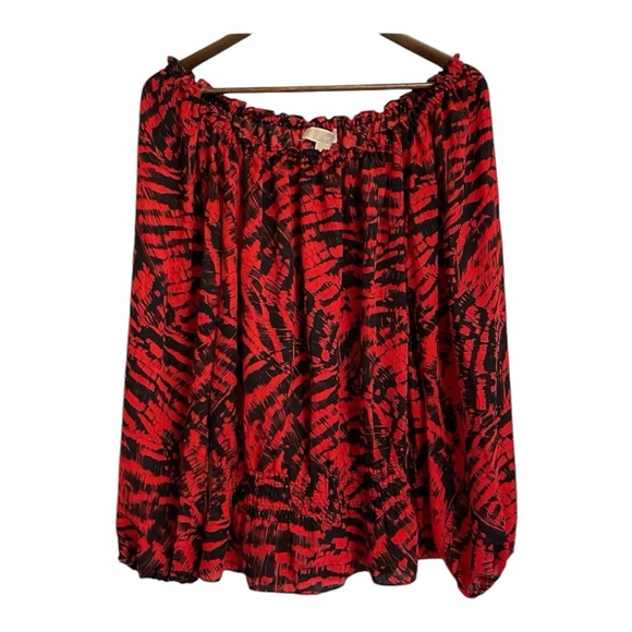 Michael Kors Top Womens Size 10 Elastic Neckline and Waist Long Sleeve Red Black - Picture 4 of 10